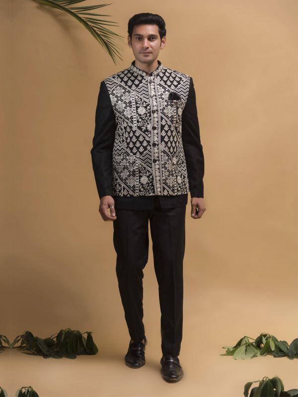 Black Silk Bandhgala Suit With Embroidered Nehru Jacket