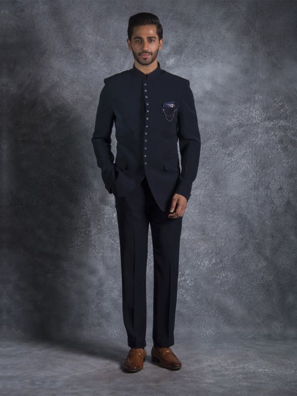 Navy Blue Wedding Wear Jodhpuri Set For Mens