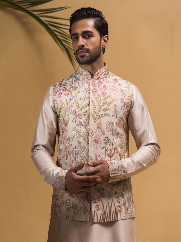 Beige Kurta Pyjama In Silk With Floral Work Nehru Jacket