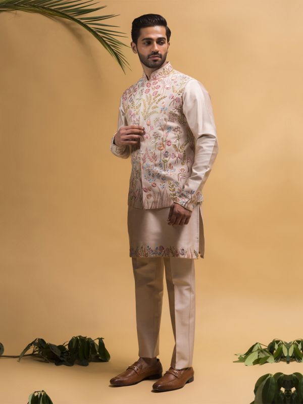 Beige Kurta Pyjama In Silk With Floral Work Nehru Jacket