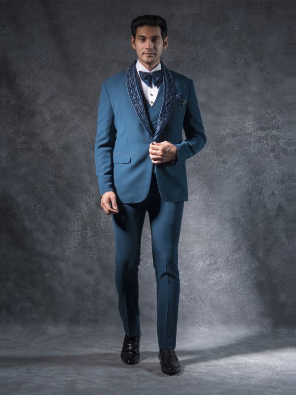 Teal Blue Three Piece Swarovski Tuxedo Suit In Italian Fabric
