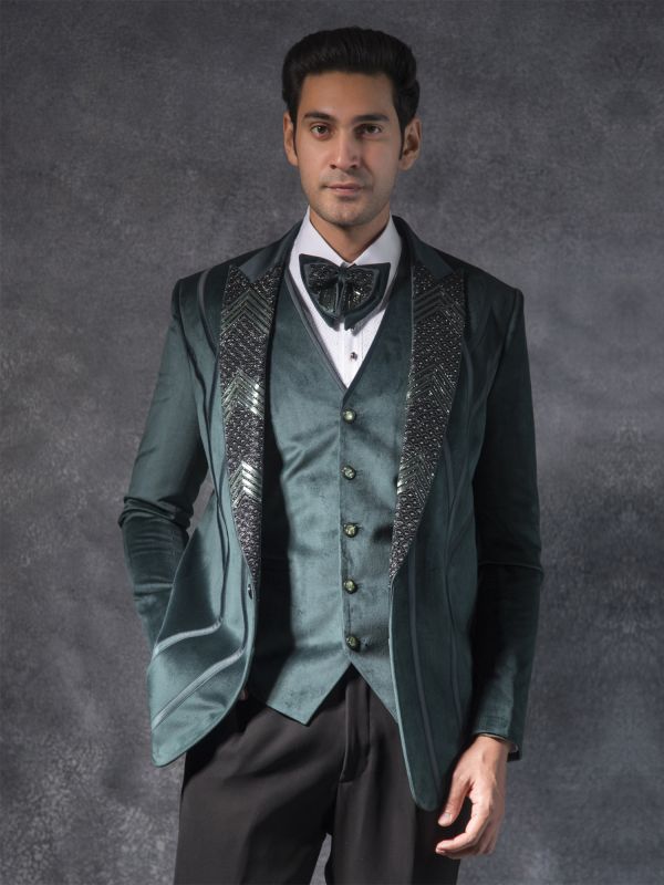 Bottle Green Suede Fabric Mens Tuxedo Suit In Stone Work
