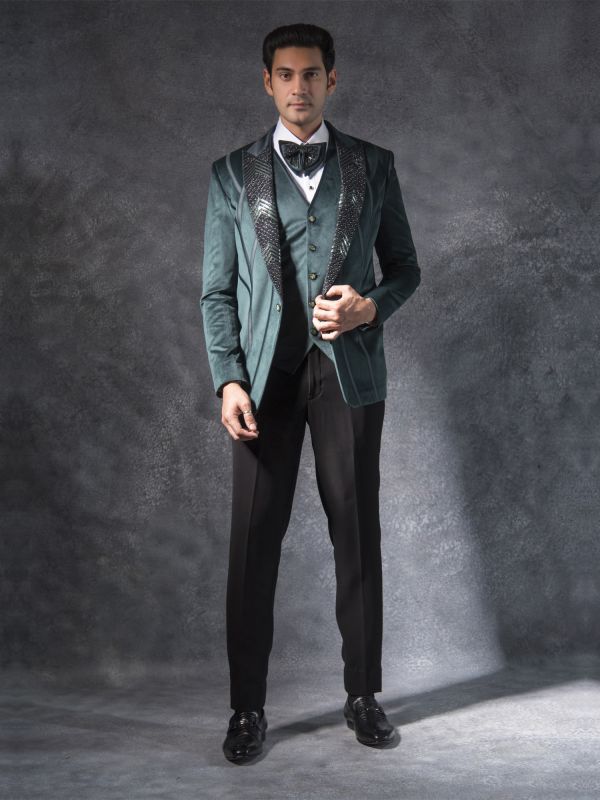 Bottle Green Suede Fabric Mens Tuxedo Suit In Stone Work