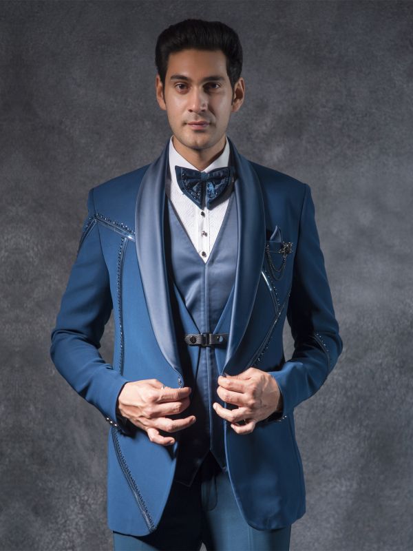 Royal Blue Metallic Strip Designed Mens Tuxedo Suit