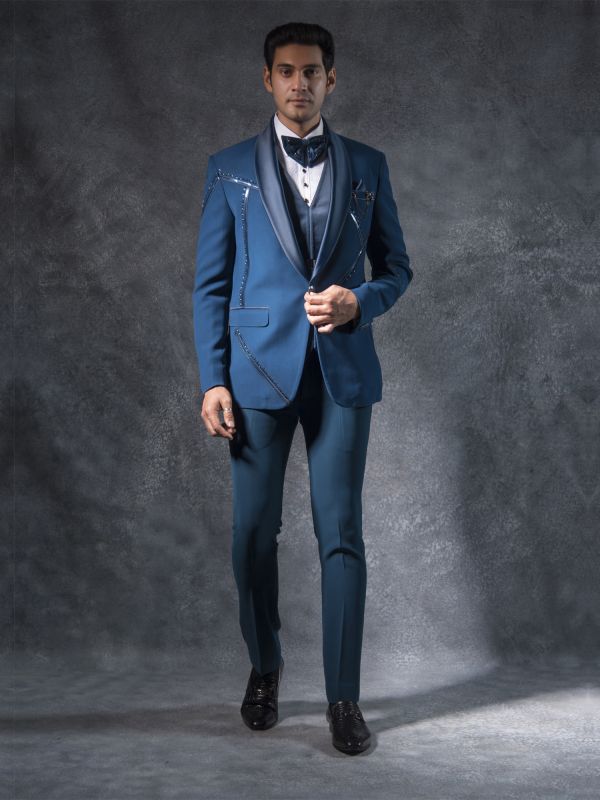 Royal Blue Metallic Strip Designed Mens Tuxedo Suit