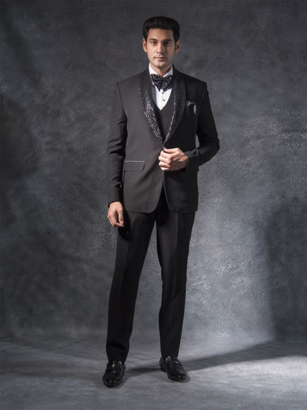 Black Cutdana Lapel Tuxedo Suit In Imported Fabric