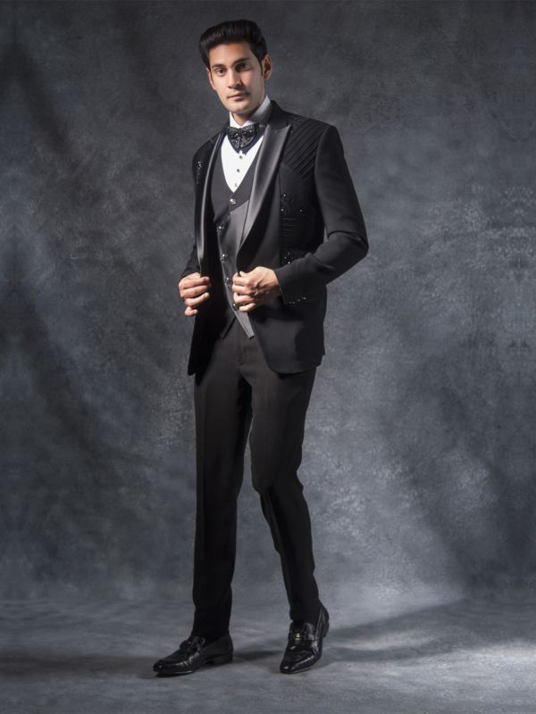 Black Italian Fabric Cutdana Augmented Mens Tuxedo