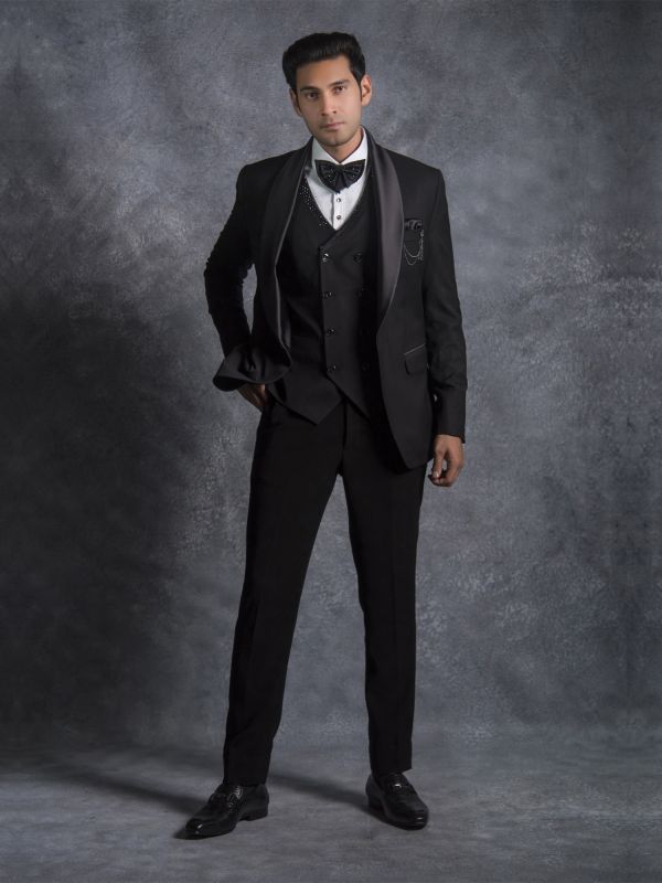 Black Cocktail Three Piece Suit For Mens In Terry Rayon