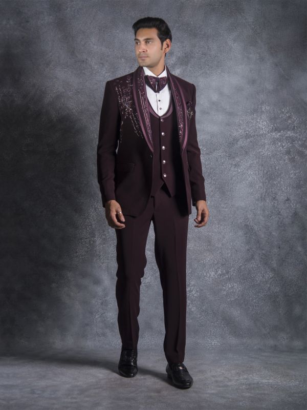 Wine Cutdana Augmented Mens Three Piece Suit