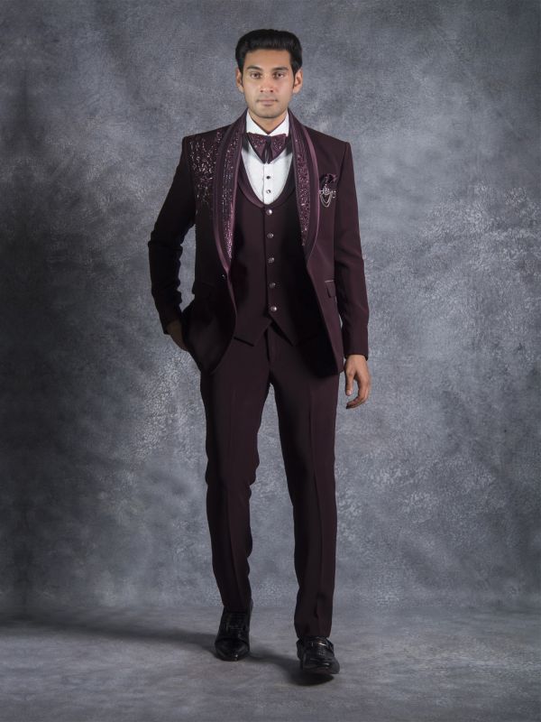 Wine Cutdana Augmented Mens Three Piece Suit