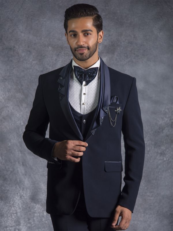 Blue Stone Embellished Tuxedo Suit With Folded Lapel