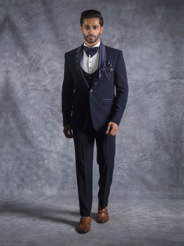 Blue Stone Embellished Tuxedo Suit With Folded Lapel