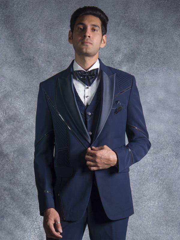 Dark Blue Tuxedo Suit Augmented With Metalic Strip 