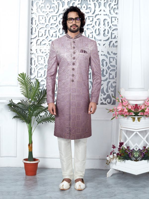 Mauve Shaded Pattern Mens Embroidered Indowestern
