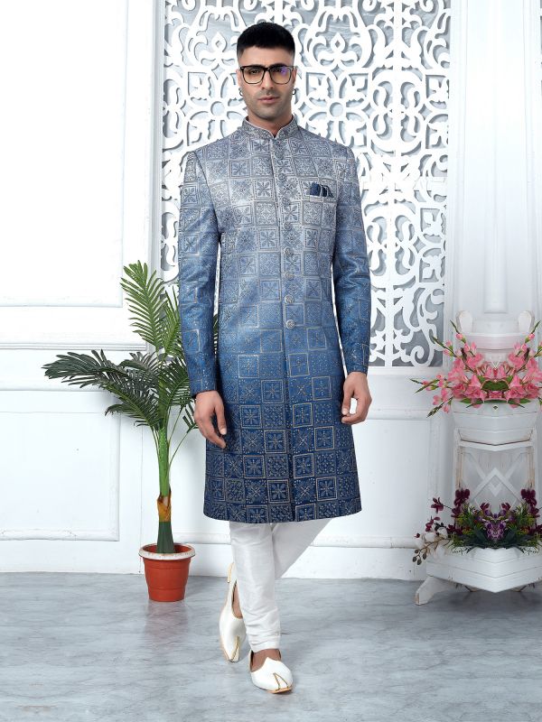 Dark Blue Shaded Embroidered Indowestern Set For Mens In Silk