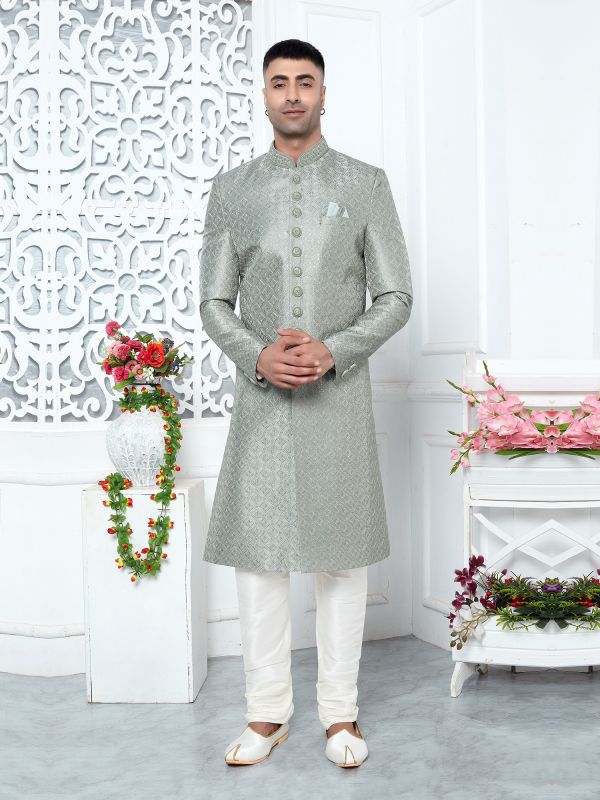 Grey Mens Indowestern Set In Sequin Embroidery In Silk