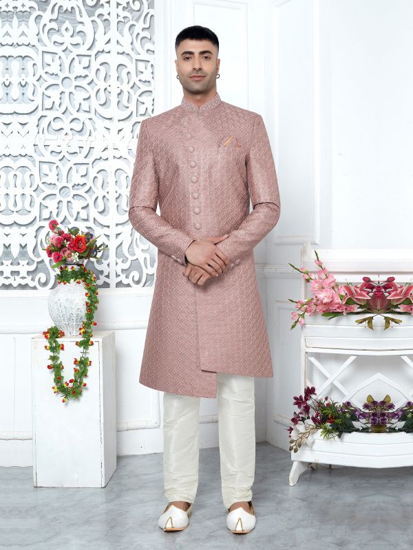 Mauve Pink Silk Sherwani For Mens In Asymmetric Pattern
