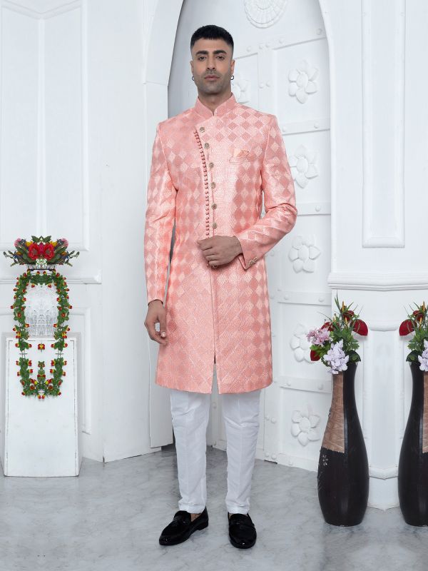 Peach Check Pattern Emboridered Mens Sherwani In Silk