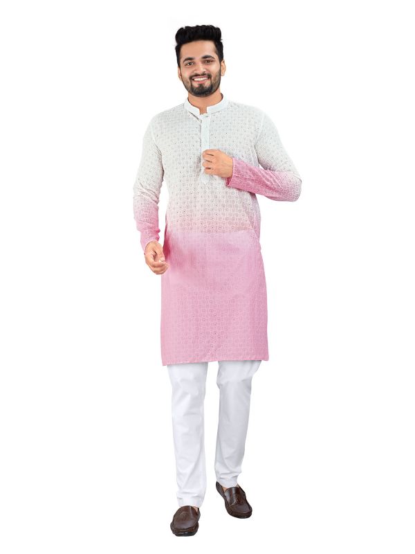 Light Pink Cotton Kurta Pyjama Set For Mens In Shaded Pattern
