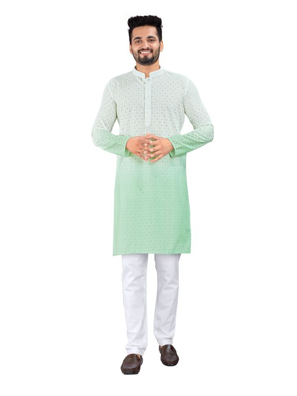 Green Mens Shaded Kurta Pyjama Set In Cotton