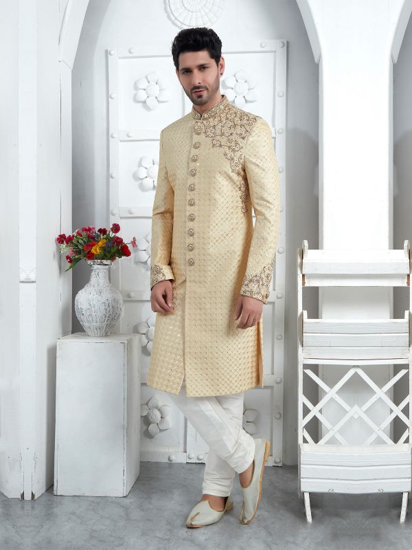 Ivory Cream Thread Embroidered Indowestern Sherwani Set For Mens