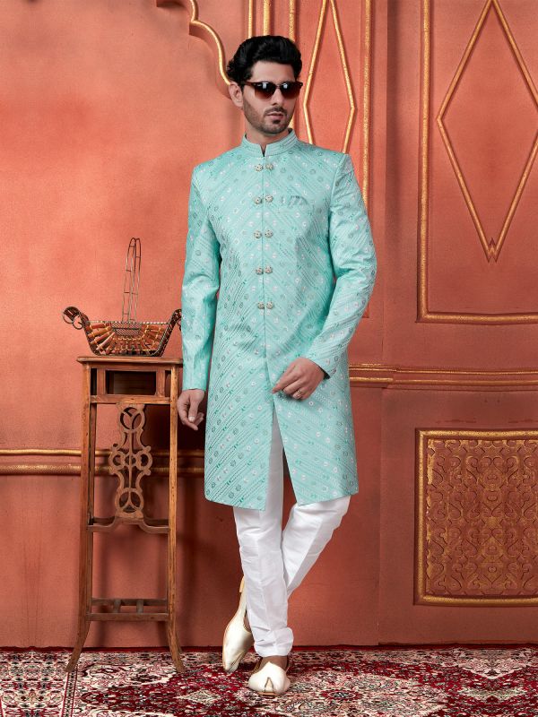 Turquoise Achkan Indowestern Sherwani In Silk Embroidery