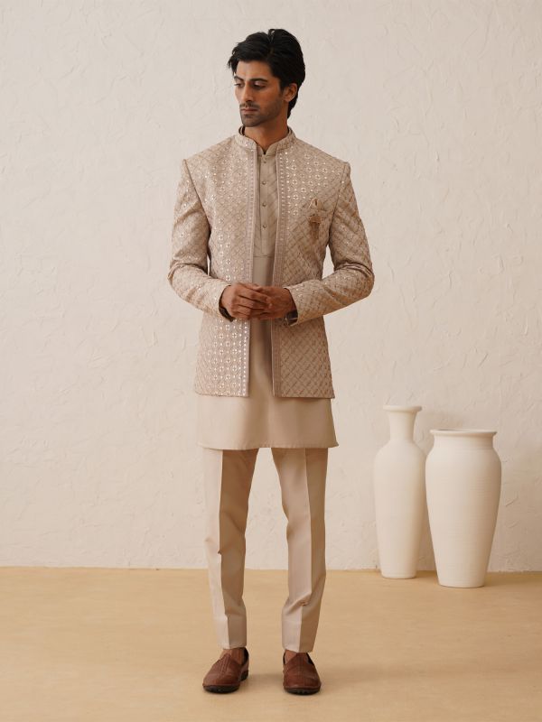 Ivory Cream Short Length Mens Indowestern Set With Open Jacket