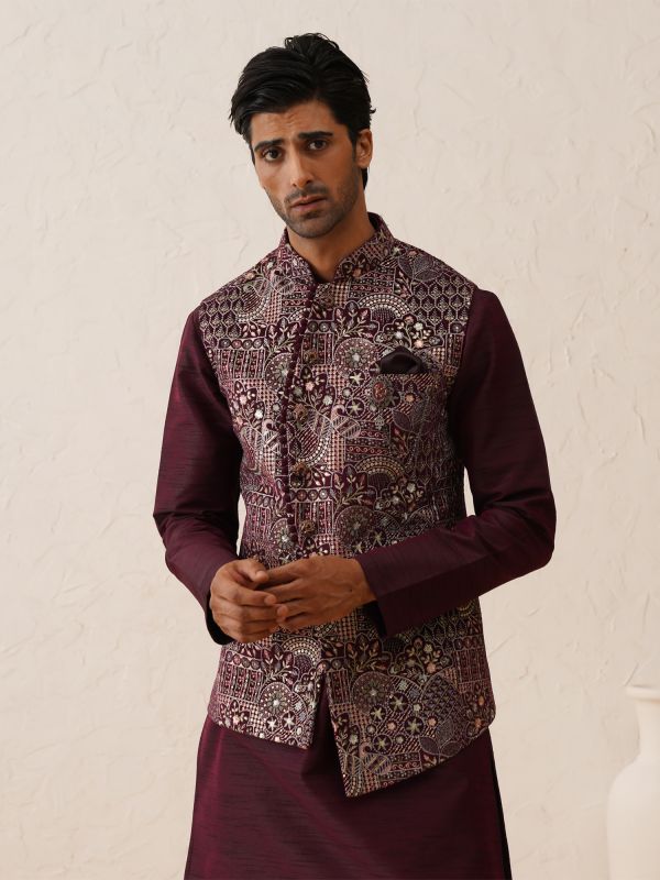 Wine Thread Embroidered Waistcoat With Kurta Pyjama In Silk
