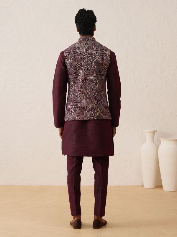 Wine Thread Embroidered Waistcoat With Kurta Pyjama In Silk