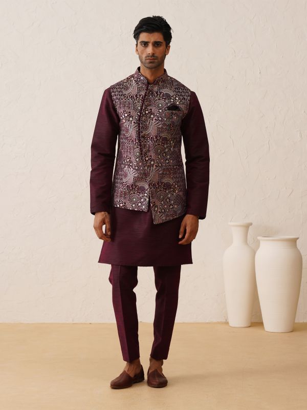 Wine Thread Embroidered Waistcoat With Kurta Pyjama In Silk