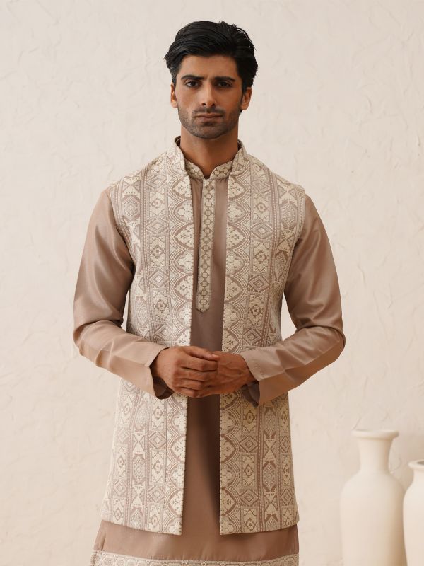 Rose Gold Beige Chikankari Embellished Waistcoat With Kurta Pyjama
