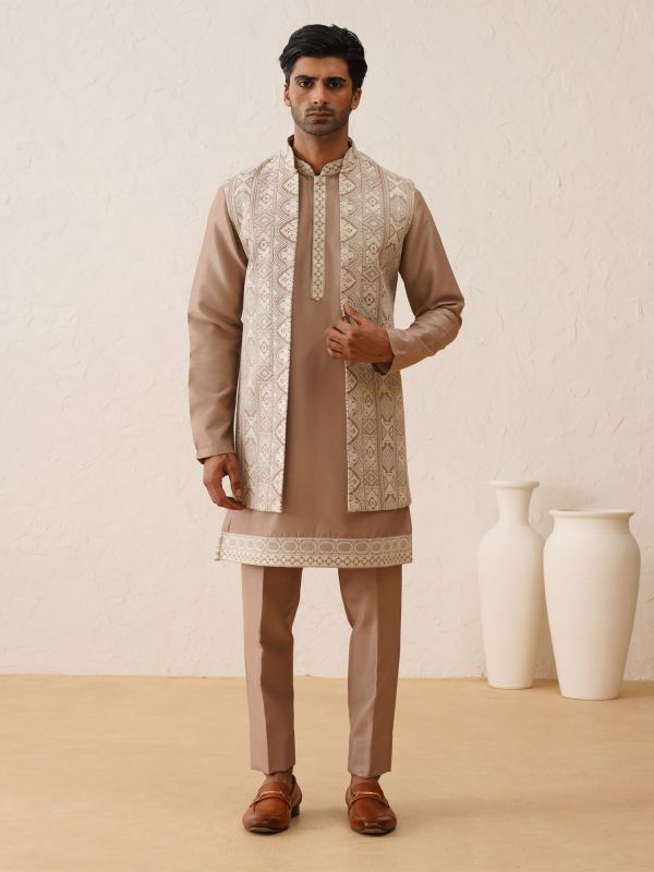 Rose Gold Beige Chikankari Embellished Waistcoat With Kurta Pyjama