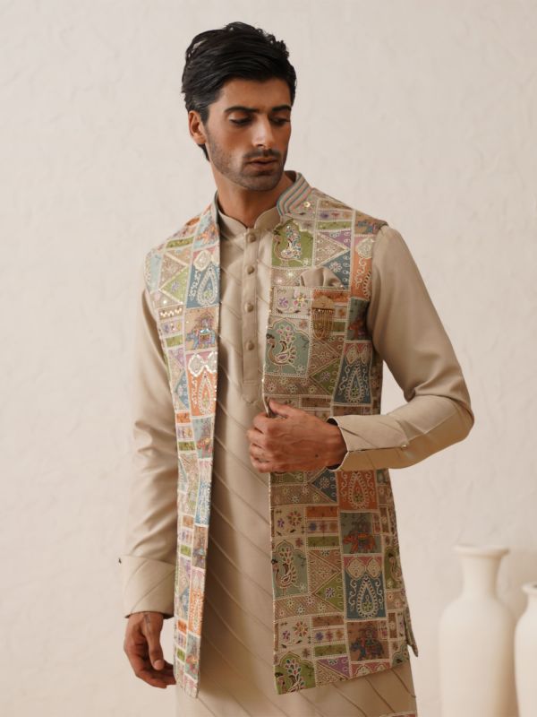Beige Tradtional Pattern Waistcoat With Kurta Pyjama For Mens