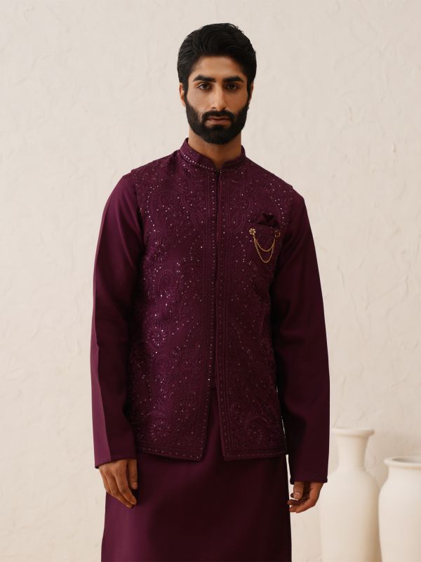 Wine Swaroski Embroidered Mens Waistcoat With Kurta Pyjama In Silk