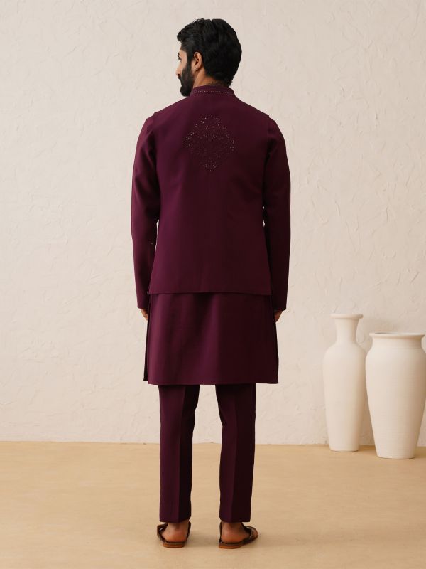 Wine Swaroski Embroidered Mens Waistcoat With Kurta Pyjama In Silk