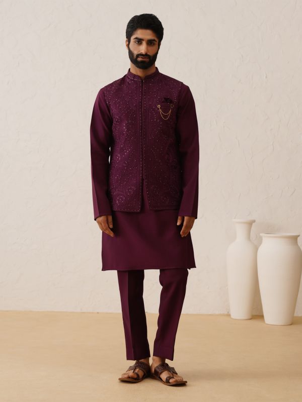 Wine Swaroski Embroidered Mens Waistcoat With Kurta Pyjama In Silk