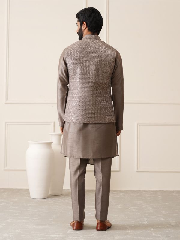 Ash Grey Mens Draped Kurta Set With Uneven Nehru Jacket