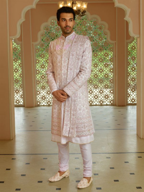Blush White Wedding Wear Mens Sherwani Set In Heavy Embroidery