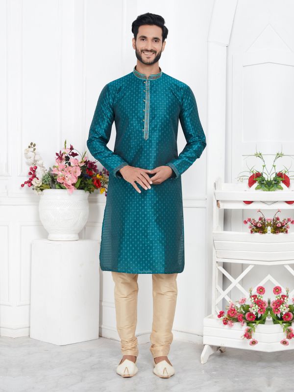 Teal Blue Festive Wear Kurta Pyjama Set For Mens