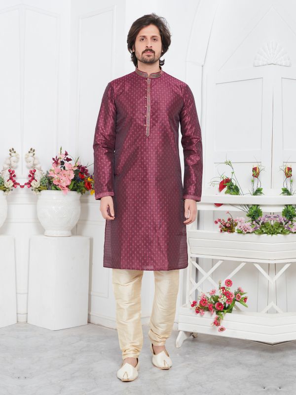Maroon Jacquard Silk Mens Kurta Pyjama Set