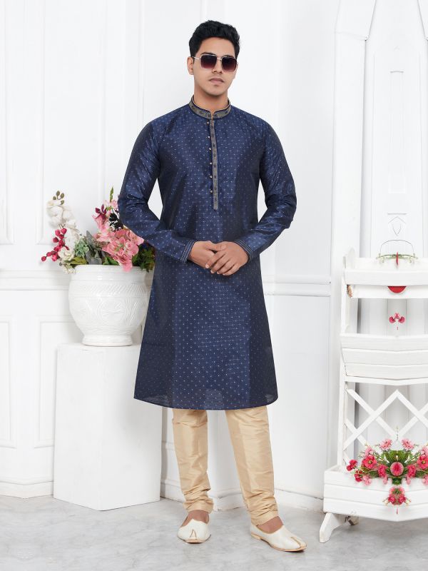 Midnight Blue Festive Men Kurta Set With Pyjama In Jacquard Silk