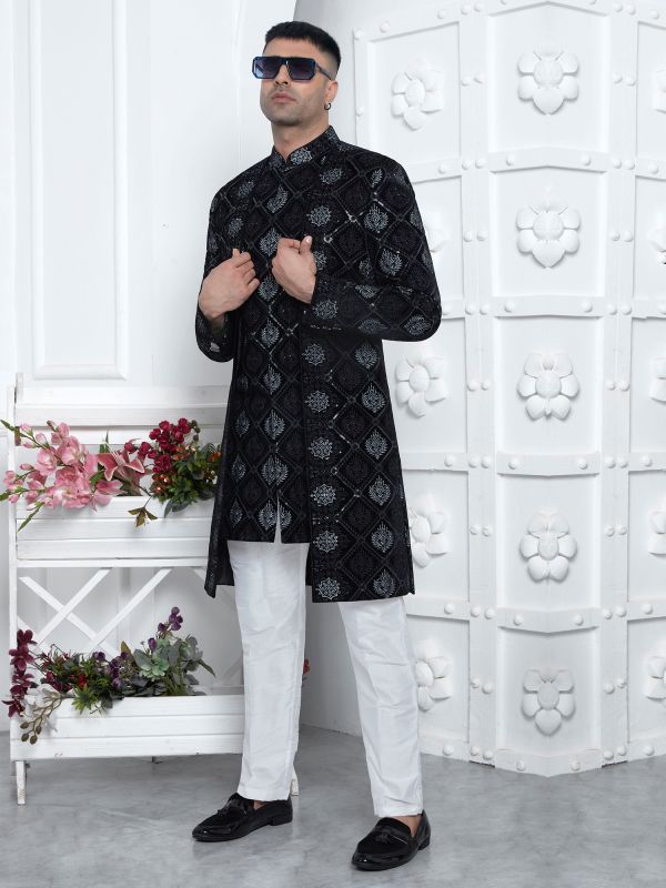 Black Self Embroidered Silk Indowestern For Mens