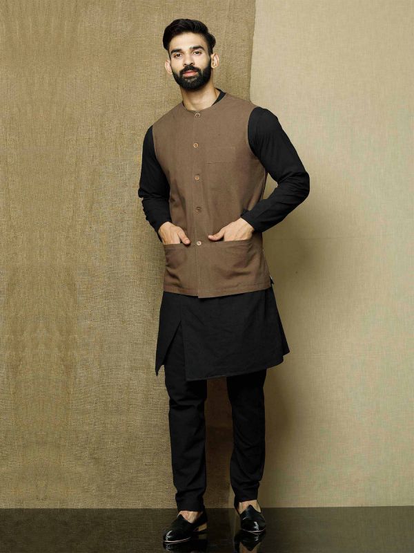 Pathani Kurta Pajama Koti Black Kurta Pyjama Set In Cotton With