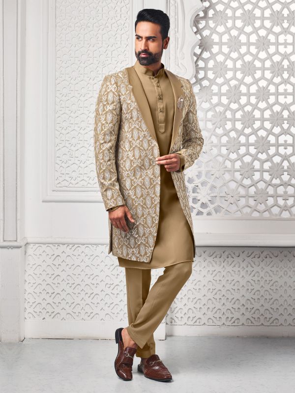 Light Brown Mens Indowestern Set With Open Jacket
