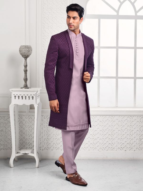 Lilac Purple Mens Indowestern Set With Open Jacket