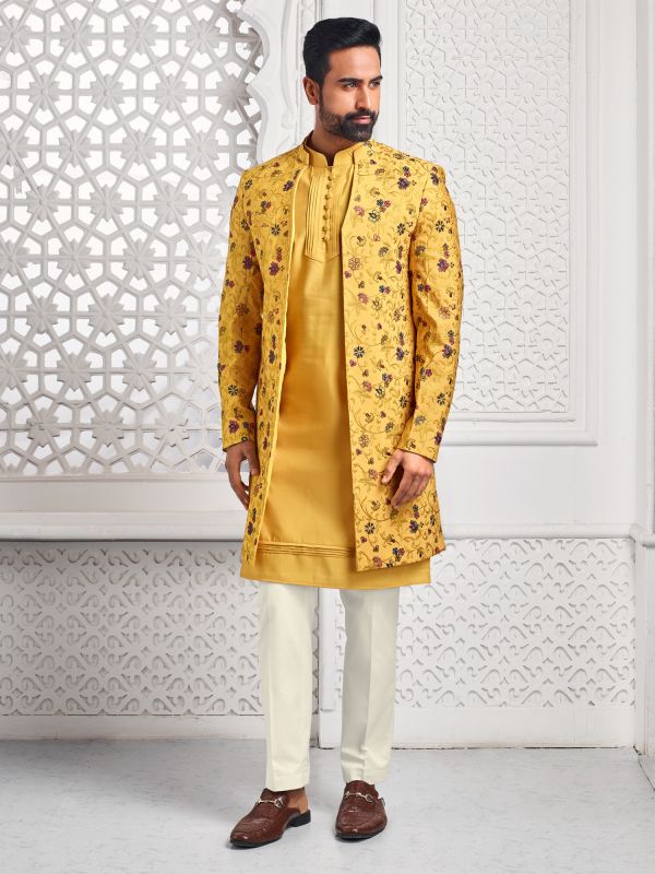 Golden Yellow Thread Woven Mens Indowestern Set