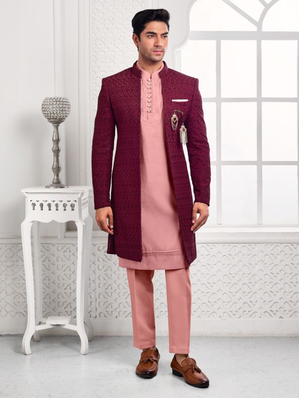 Pink Mens Wedding Wear Indowestern Set With Jacket