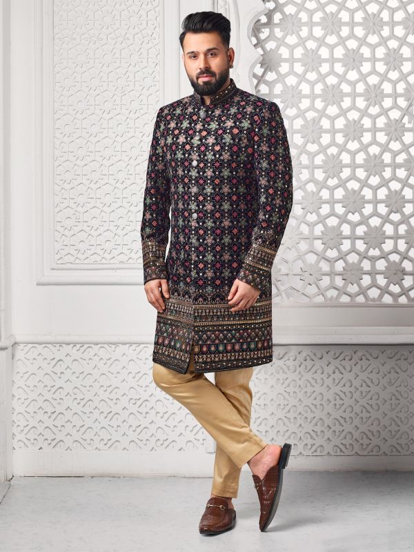 Black Zari Embroidered Indowestern Set For Mens