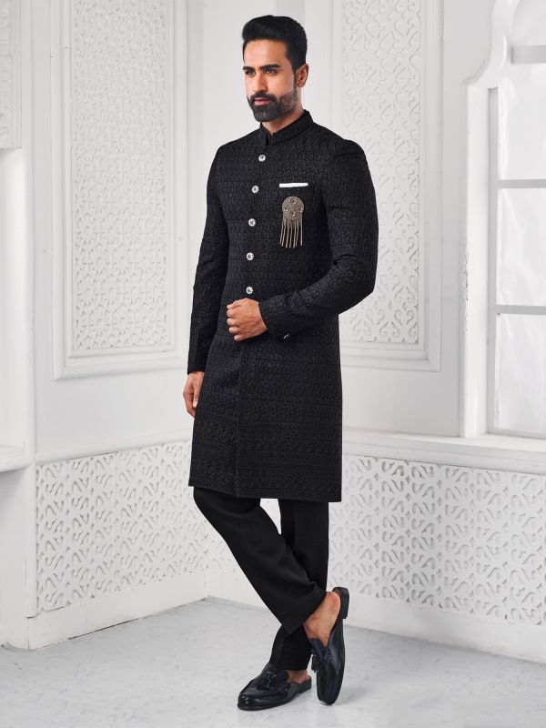 Black Wedding Wear Mens Indowestern Set In Embroidery