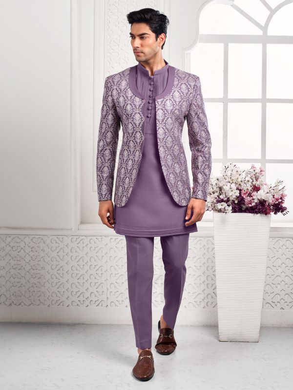 Lilac Silver Weaving Work Bandhgala Set For Mens
